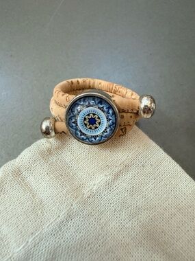 Beige Cork Wrap Ring with Blue Design